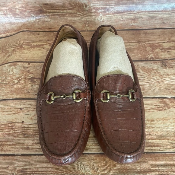 JOHNSTON AND MURPHY Brown Leather Maggie Bit Croc Embossed Driving Loafers 9M - Picture 1 of 9